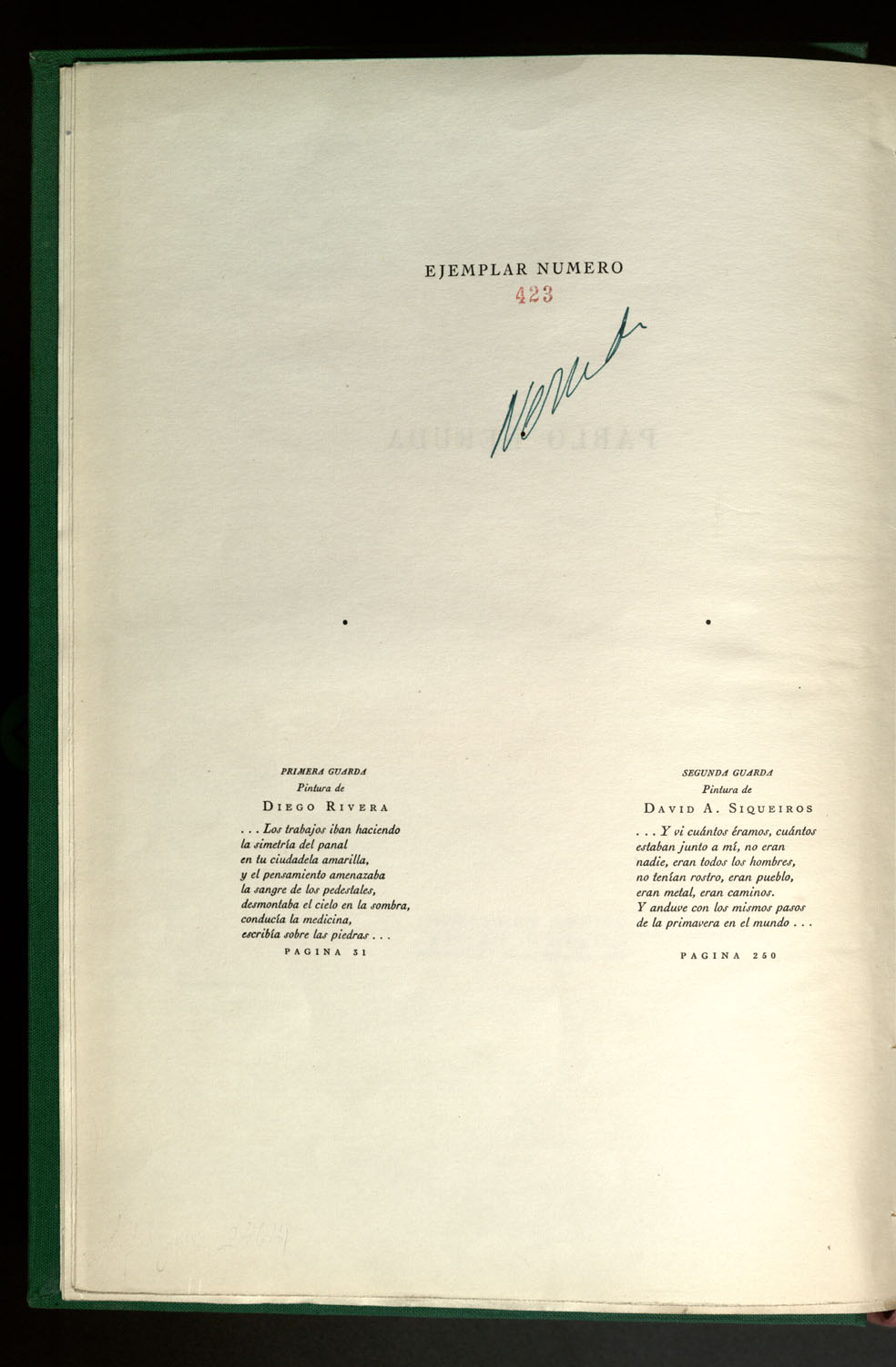 Canto General de Pablo Neruda. Primera Edición. México 1950, ejemplar 423